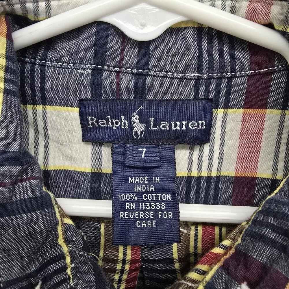 Ralph Lauren Boys Size 7 Short Sleeve Button Up Shirt Blue Red Yellow Plaid
